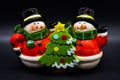 Handmade snowmen figurines isolated on black background. Christmas decoration.