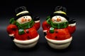 Handmade snowmen figurines isolated on black background. Christmas decoration.
