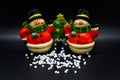 Handmade snowmen figurines isolated on black background. Christmas decoration.