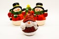 Handmade snowmen figurines isolated on white background. Christmas decoration.