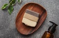 Handmade soap bar and green leaf Royalty Free Stock Photo