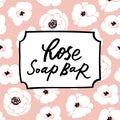 Handmade soap bar label with handdrawn lettering and floral seamless pattern