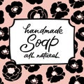 Handmade soap bar label with handdrawn lettering and seamless pattern