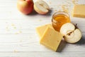 Handmade soap bars, apple and jar of honey on table Royalty Free Stock Photo