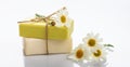 Handmade soap bars and chamomile on white background Royalty Free Stock Photo