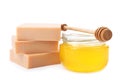 Handmade soap bars and jar of honey Royalty Free Stock Photo