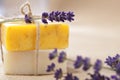 Handmade soap bars with lavender flowers Royalty Free Stock Photo