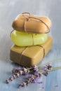 Handmade soap bars with lavender flowers Royalty Free Stock Photo