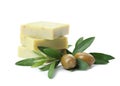 Handmade soap bars and leaves with olives Royalty Free Stock Photo