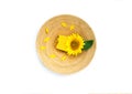 Handmade soap bars and sunflower on wooden texture on white isolated background. Handmade organic soap concept from Royalty Free Stock Photo