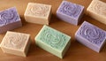 Handmade soap bars on wooden background, closeup Royalty Free Stock Photo