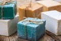 Handmade soap bars on wooden background Royalty Free Stock Photo