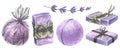 Handmade soap and bath bombs. Watercolor illustration. Mini set from the LAVENDER SPA collection. For decoration and Royalty Free Stock Photo