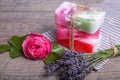 Handmade Soap with bath and spa accessories. Dried lavender and nostalgic pink rose Royalty Free Stock Photo