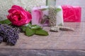 Handmade Soap with bath and spa accessories. Dried lavender and nostalgic pink rose Royalty Free Stock Photo