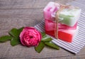 Handmade Soap with bath and spa accessories. Dried lavender and nostalgic pink rose Royalty Free Stock Photo