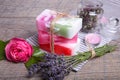 Handmade Soap with bath and spa accessories. Dried lavender and nostalgic pink rose Royalty Free Stock Photo