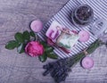 Handmade Soap with bath and spa accessories. Dried lavender, oregano and nostalgic pink rose Royalty Free Stock Photo