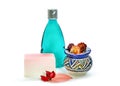Handmade soap, blue colored shower gel bottle and vase.