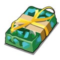 Handmade soap green with splashes of blue pieces. Cartoon gift in the military paratrooper style with yellow ribbon bow