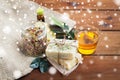 Handmade soap, honey and herbal tea on wood Royalty Free Stock Photo