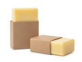 Handmade soap in kraft paper boxes isolated on white background Royalty Free Stock Photo