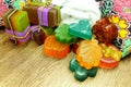 Handmade soap. Soap making. Colorful pieces of soap, bags of herbs, towel, shells