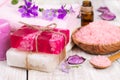 Handmade soap, salt shower and flower. Royalty Free Stock Photo