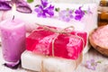 Handmade soap, salt shower and flower. Royalty Free Stock Photo