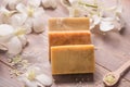 Handmade soap with white orchid. Spa products. Royalty Free Stock Photo