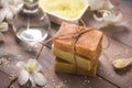 Handmade soap with white orchid. Spa products. Royalty Free Stock Photo