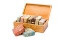 Handmade soaps in wooden box Royalty Free Stock Photo