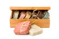 Handmade soaps in wooden box Royalty Free Stock Photo