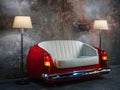 A handmade sofa and a lamp on a grunge style wall background. Made to order from the car seat. Royalty Free Stock Photo