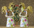 Handmade soft toy isolated New Year tree and 2 horses on baby bu Royalty Free Stock Photo