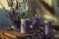 Handmade soy candle collection, spotlighting charming lavender scent. Discover its soothing aroma, eco-friendly Royalty Free Stock Photo