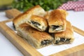 Handmade Spinach Cheese Pie - pastry, Turkish name el acmasi borek, rulo borek. Turkish borek rolls with spinach and cheese. A Royalty Free Stock Photo