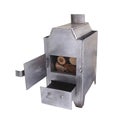 Handmade stainless steel wood stove with open ash pit and oven door, isolated on white background