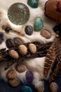 handmade stone runes on white fur