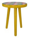 Handmade stool wooden yellow. Round seat wooden, painted in multicolored squares.