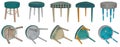 Handmade stool in various designs and colors. Triangular and round shapes of seats.