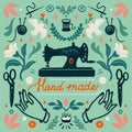 Handmade symmetric vector composition - vintage elements in stamp style and sewing machine with hand made lettering