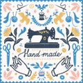 Handmade symmetric vector composition - vintage elements in stamp style and sewing machine with hand made lettering