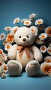 Handmade teddy bear adorned with daisies, set against a baby blue backdrop