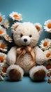 Handmade teddy bear adorned with daisies, set against a baby blue backdrop