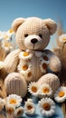 Handmade teddy bear adorned with daisies, set against a baby blue backdrop