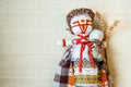 Handmade textile doll, rag doll 'Motanka' in ethnic style, ancient culture folk crafts tradition of Ukraine.