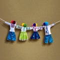 Handmade textile dolls on background, traditional ukrainian folk rag doll Motanka in ethnic style, ancient culture folk Royalty Free Stock Photo