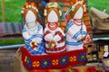 Handmade textile rag dolls in a gift box, Ukrainian ethnic traditional toy motanka Royalty Free Stock Photo