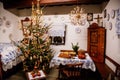 Handmade toy for Christmas tree decoration made of wood, polaz, Interior of regional village house in Skanzen, Polabi open-air